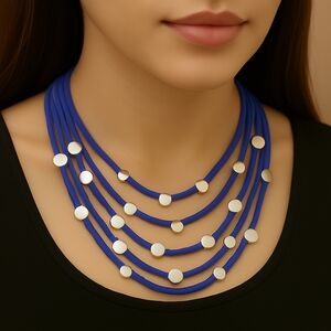 Stylish Silver Blue Faux Leather Beaded Multi-Strand Necklace – Women’s Fashion